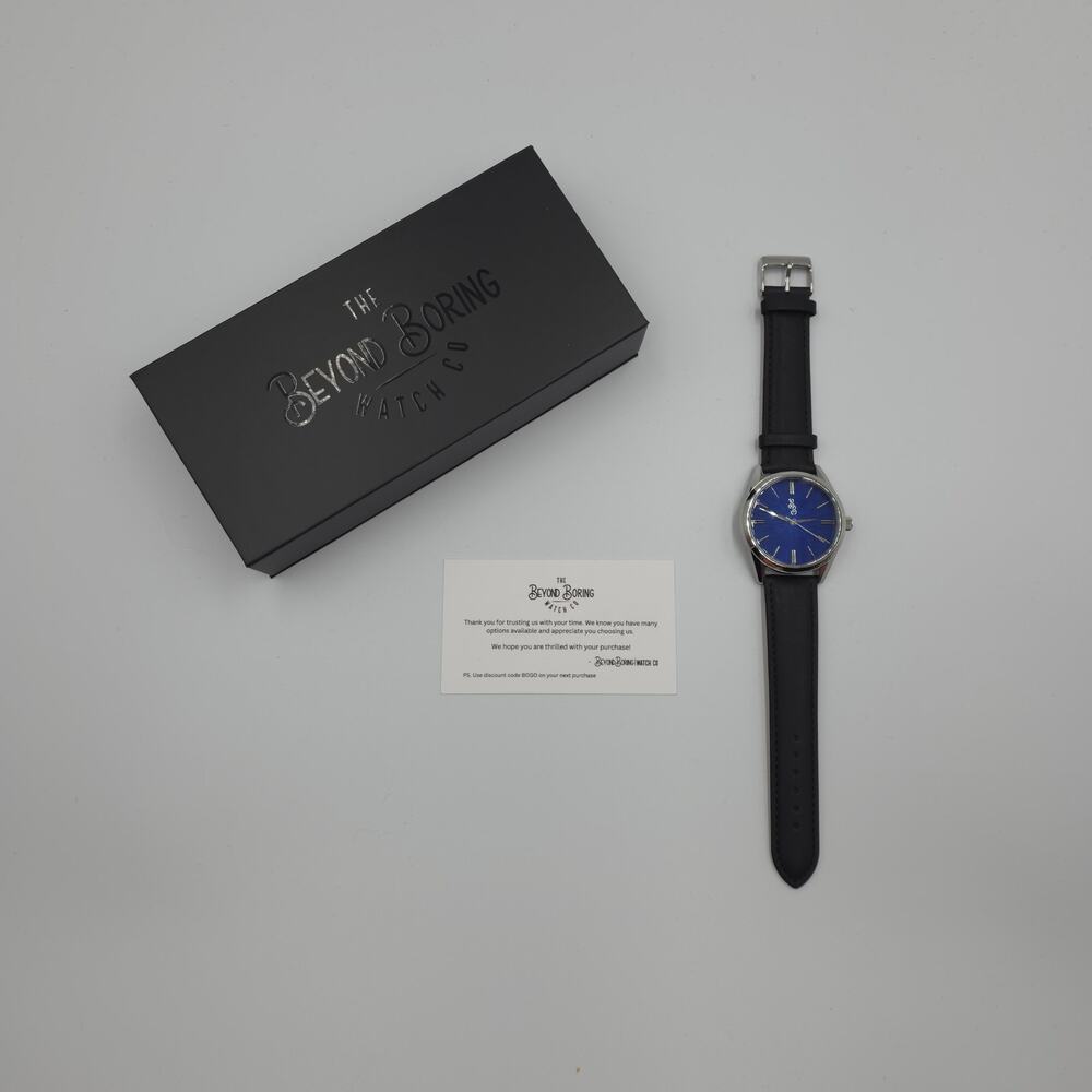 The Beyond Boring Watch Company in Blue Sunburst Watch Black Leather 39mm